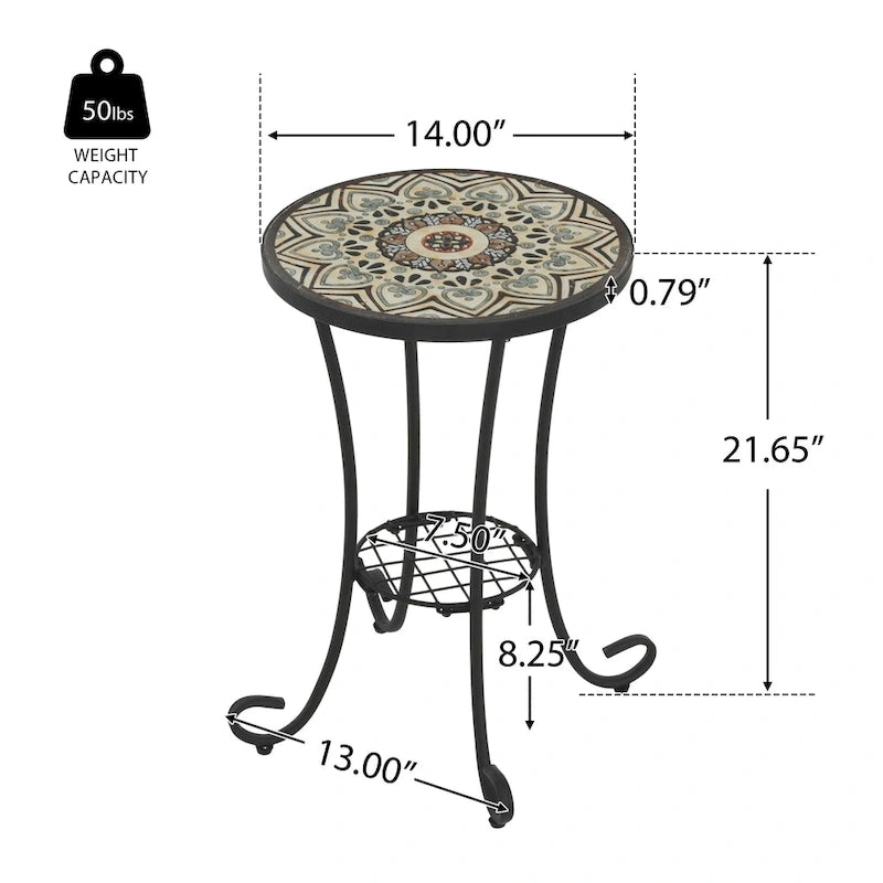 Patio Side Table Round Small End Table Plant Stand with Floral Ceramic Top and Storage Shelf for Study Room Backyard