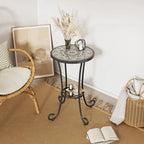 Patio Side Table Round Small End Table Plant Stand with Floral Ceramic Top and Storage Shelf for Study Room Backyard