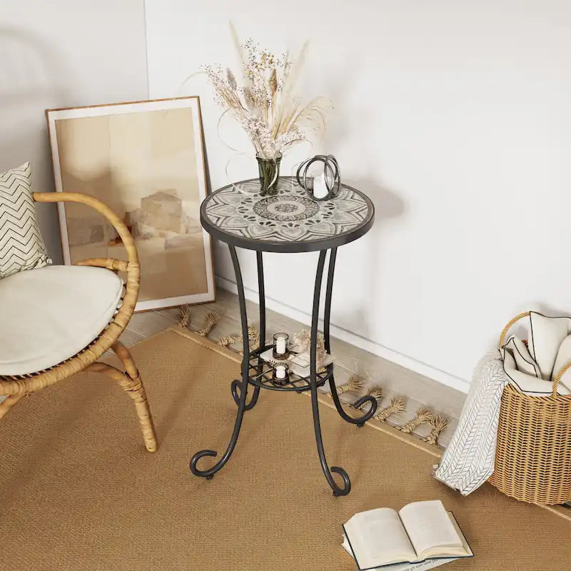 Patio Side Table Round Small End Table Plant Stand with Floral Ceramic Top and Storage Shelf for Study Room Backyard