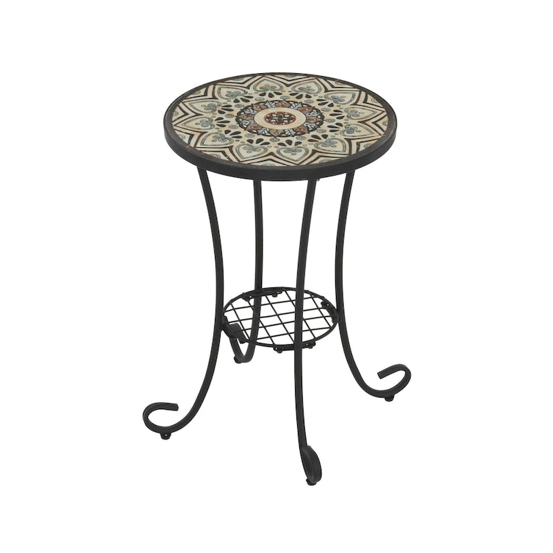Patio Side Table Round Small End Table Plant Stand with Floral Ceramic Top and Storage Shelf for Study Room Backyard