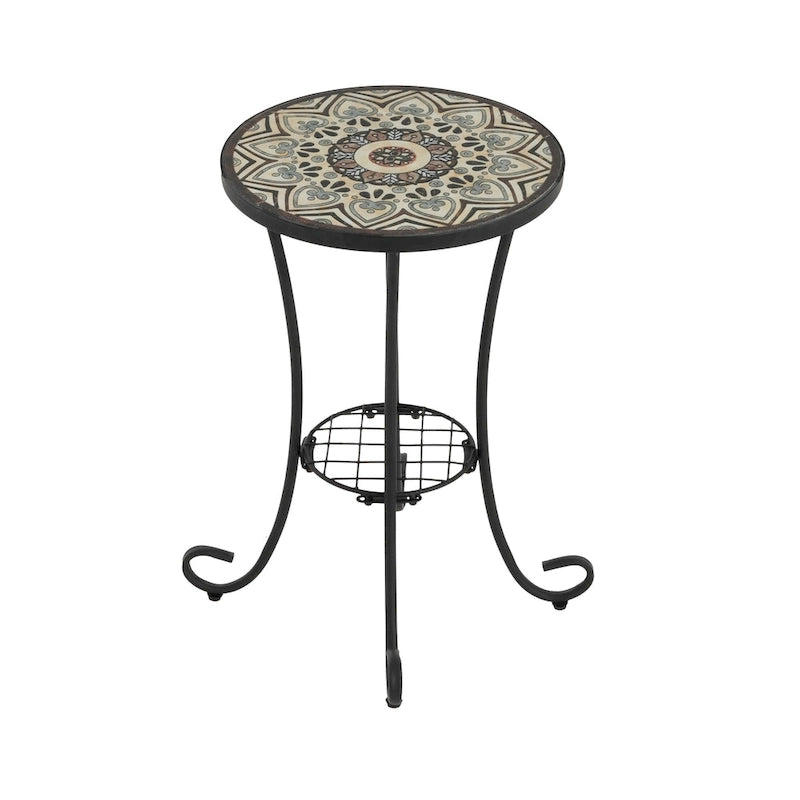 Patio Side Table Round Small End Table Plant Stand with Floral Ceramic Top and Storage Shelf for Study Room Backyard