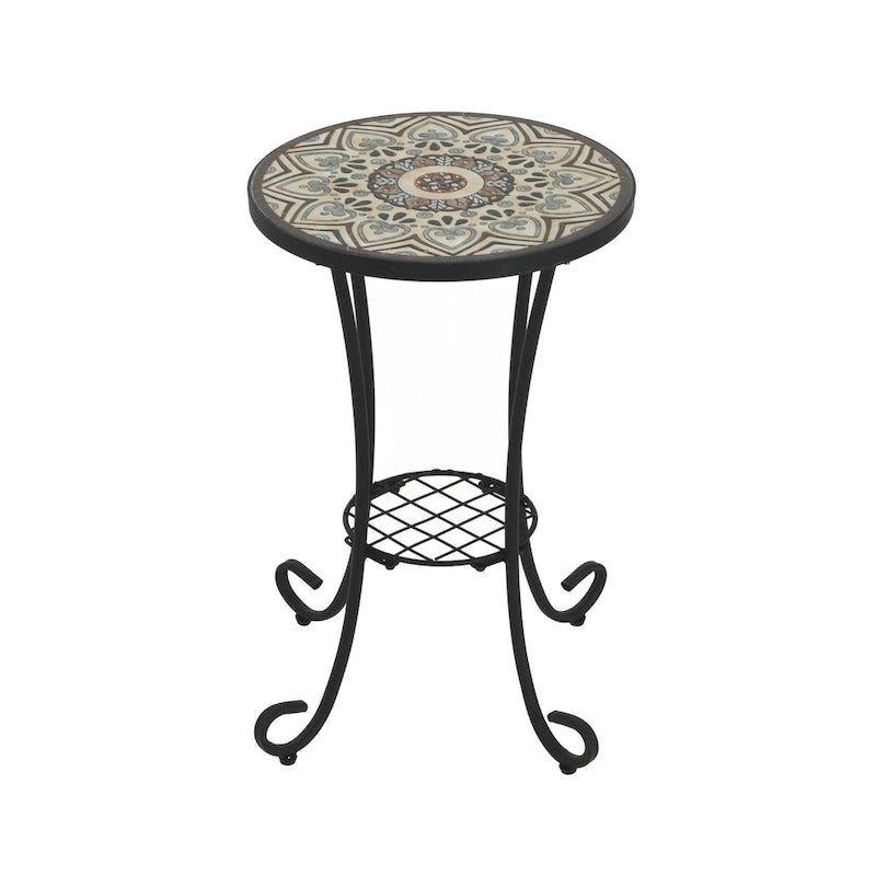 Patio Side Table Round Small End Table Plant Stand with Floral Ceramic Top and Storage Shelf for Study Room Backyard
