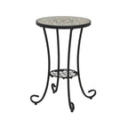 Patio Side Table Round Small End Table Plant Stand with Floral Ceramic Top and Storage Shelf for Study Room Backyard