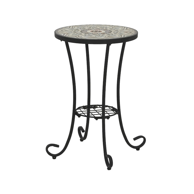 Patio Side Table Round Small End Table Plant Stand with Floral Ceramic Top and Storage Shelf for Study Room Backyard