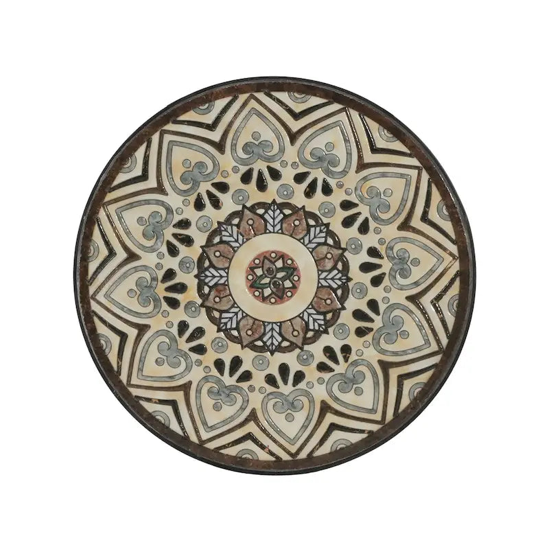 Patio Side Table Round Small End Table Plant Stand with Floral Ceramic Top and Storage Shelf for Study Room Backyard