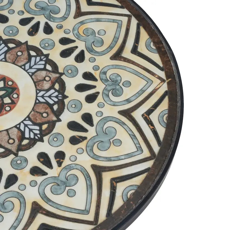 Patio Side Table Round Small End Table Plant Stand with Floral Ceramic Top and Storage Shelf for Study Room Backyard