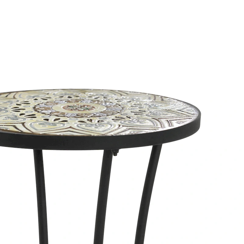 Patio Side Table Round Small End Table Plant Stand with Floral Ceramic Top and Storage Shelf for Study Room Backyard