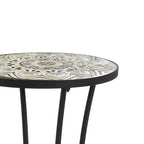 Patio Side Table Round Small End Table Plant Stand with Floral Ceramic Top and Storage Shelf for Study Room Backyard