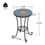 Patio Side Table Round Small End Table Plant Stand with Floral Ceramic Top and Storage Shelf for Study Room Backyard