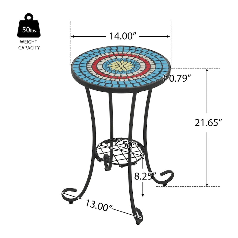 Patio Side Table Round Small End Table Plant Stand with Floral Ceramic Top and Storage Shelf for Study Room Backyard
