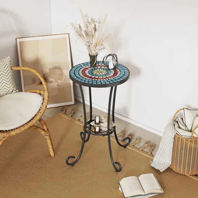 Patio Side Table Round Small End Table Plant Stand with Floral Ceramic Top and Storage Shelf for Study Room Backyard