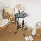 Patio Side Table Round Small End Table Plant Stand with Floral Ceramic Top and Storage Shelf for Study Room Backyard