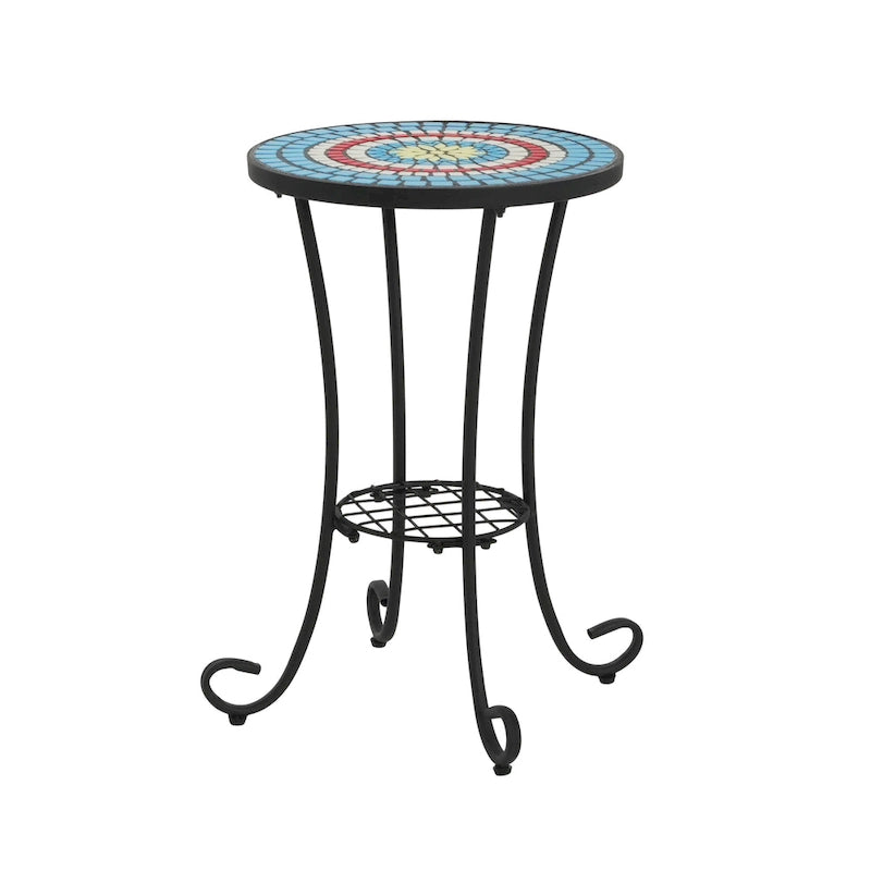 Patio Side Table Round Small End Table Plant Stand with Floral Ceramic Top and Storage Shelf for Study Room Backyard