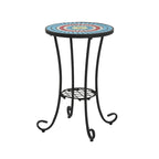 Patio Side Table Round Small End Table Plant Stand with Floral Ceramic Top and Storage Shelf for Study Room Backyard