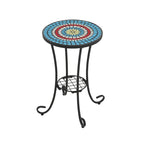 Patio Side Table Round Small End Table Plant Stand with Floral Ceramic Top and Storage Shelf for Study Room Backyard