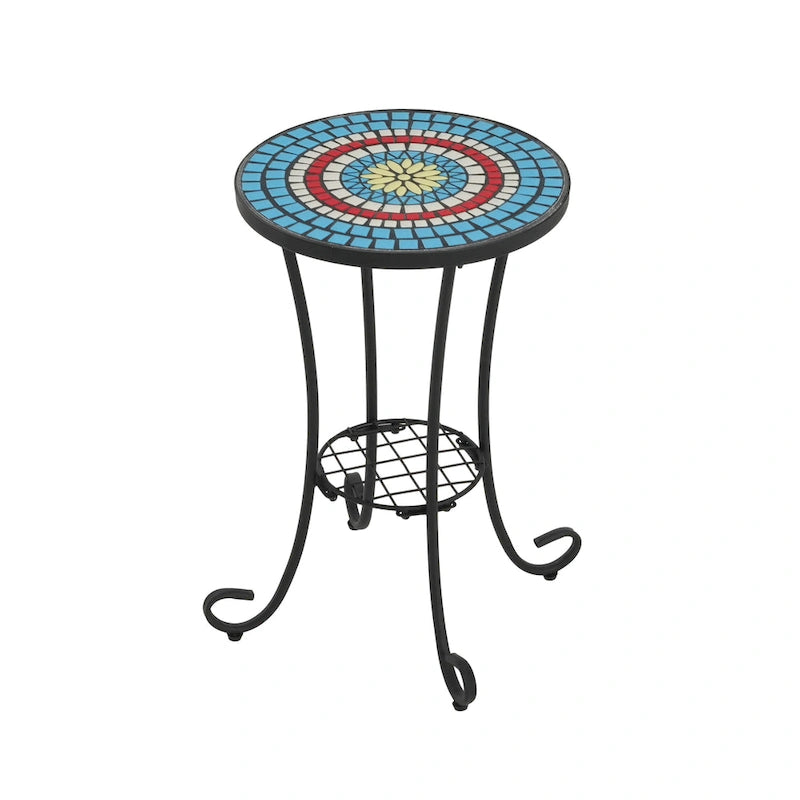 Patio Side Table Round Small End Table Plant Stand with Floral Ceramic Top and Storage Shelf for Study Room Backyard