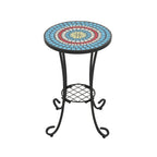 Patio Side Table Round Small End Table Plant Stand with Floral Ceramic Top and Storage Shelf for Study Room Backyard