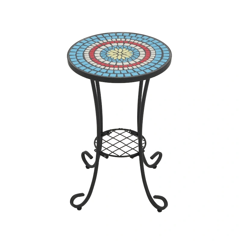 Patio Side Table Round Small End Table Plant Stand with Floral Ceramic Top and Storage Shelf for Study Room Backyard