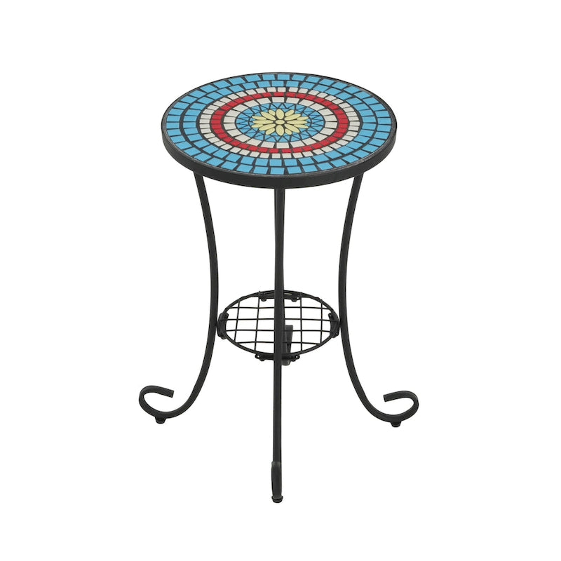 Patio Side Table Round Small End Table Plant Stand with Floral Ceramic Top and Storage Shelf for Study Room Backyard