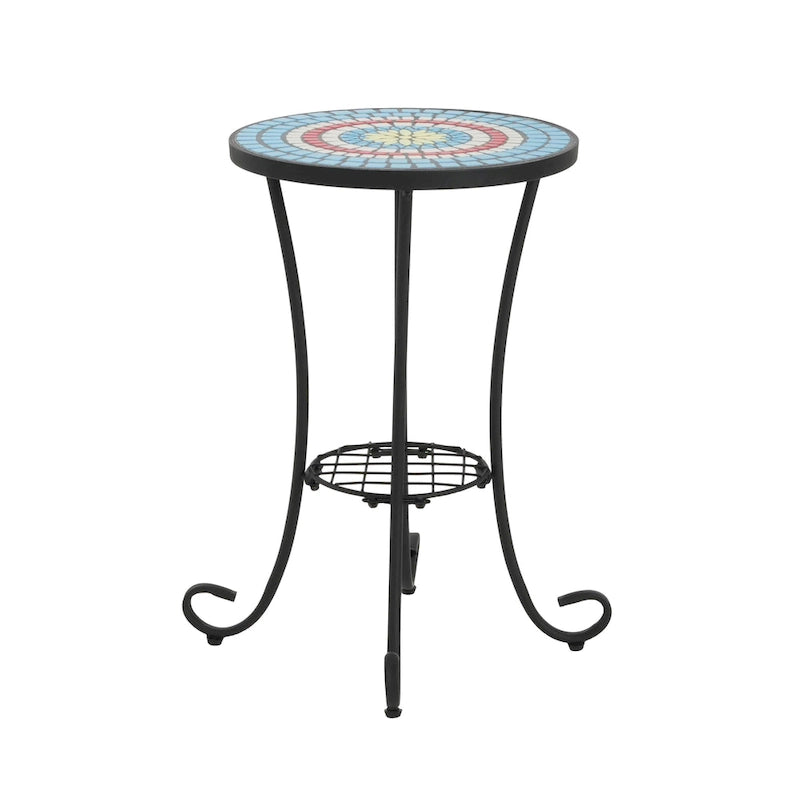 Patio Side Table Round Small End Table Plant Stand with Floral Ceramic Top and Storage Shelf for Study Room Backyard
