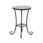 Patio Side Table Round Small End Table Plant Stand with Floral Ceramic Top and Storage Shelf for Study Room Backyard