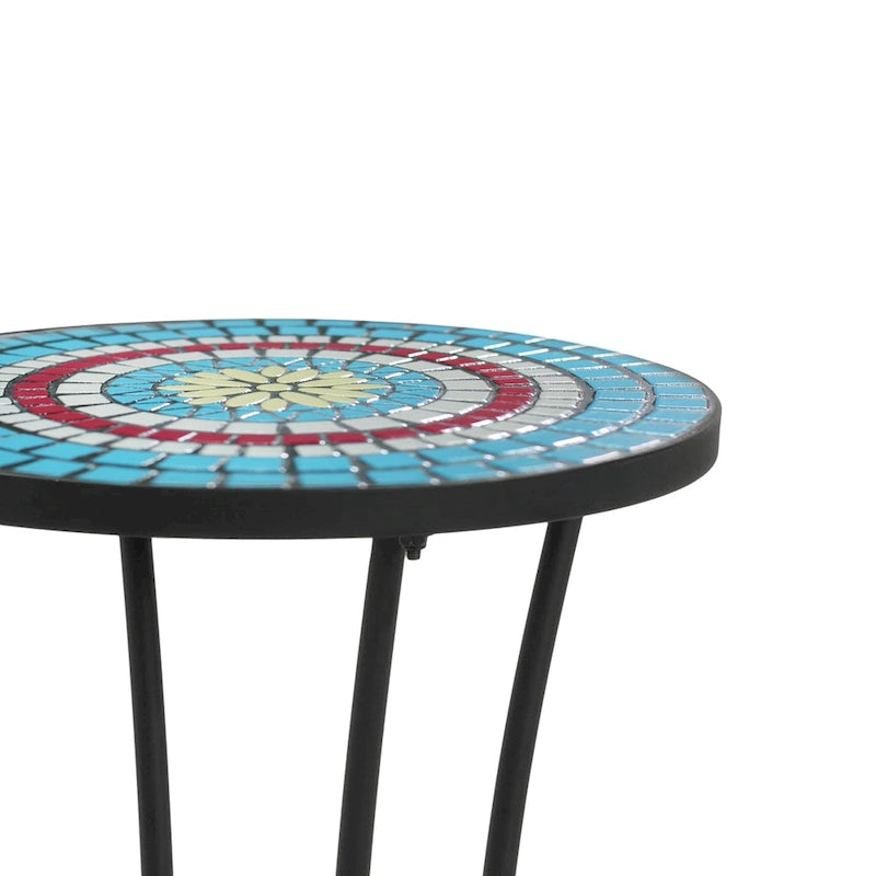 Patio Side Table Round Small End Table Plant Stand with Floral Ceramic Top and Storage Shelf for Study Room Backyard