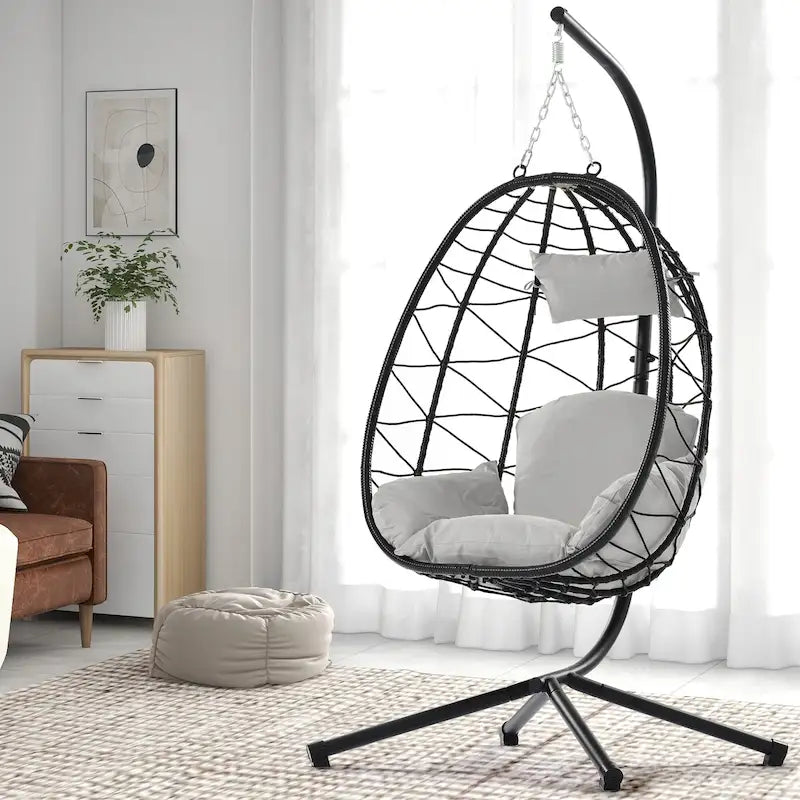 GDFStudio - Celeste Indoor Outdoor Swing Egg Chair with Stand for Relaxing Patio and Garden Lounging