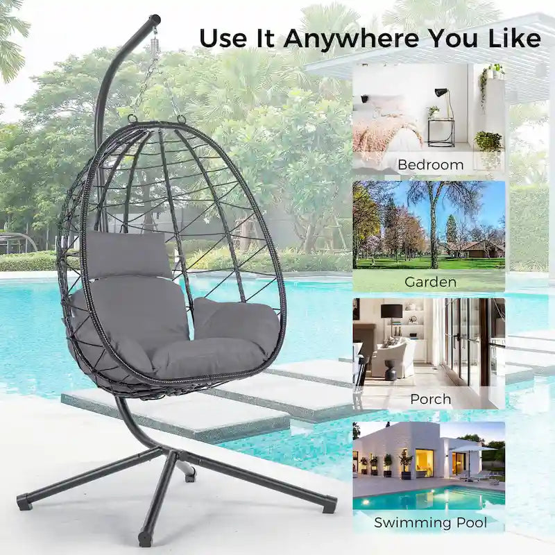 GDFStudio - Celeste Indoor Outdoor Swing Egg Chair with Stand for Relaxing Patio and Garden Lounging