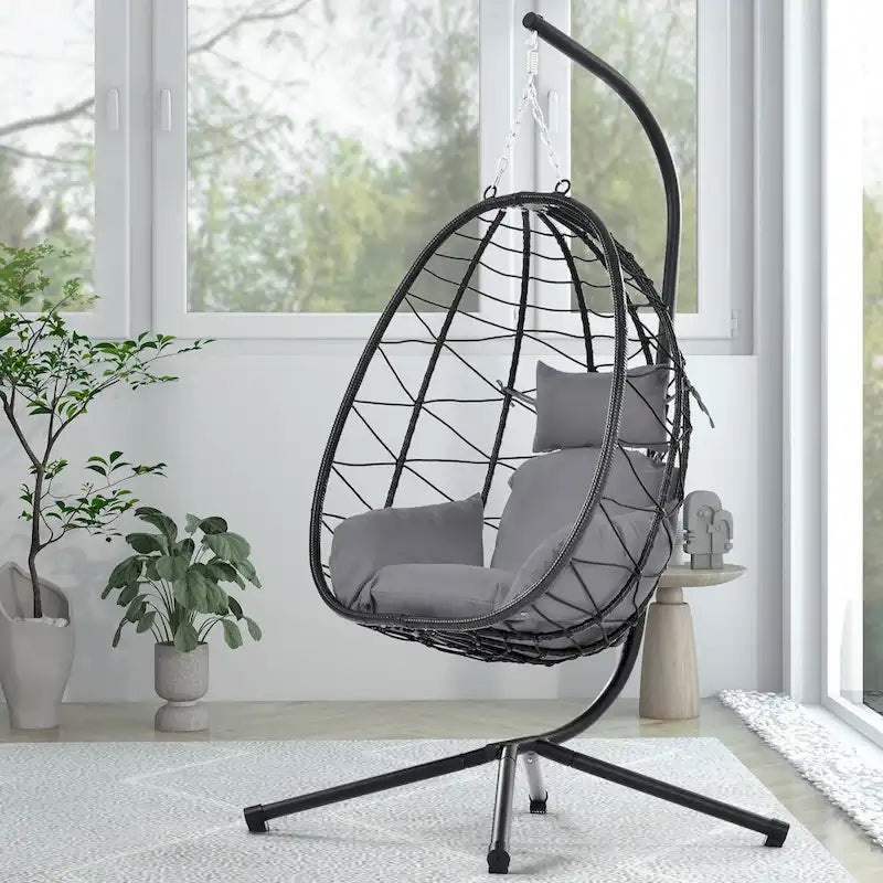 GDFStudio - Celeste Indoor Outdoor Swing Egg Chair with Stand for Relaxing Patio and Garden Lounging