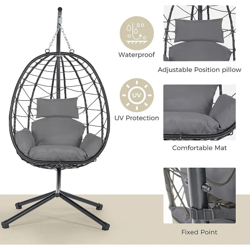 GDFStudio - Celeste Indoor Outdoor Swing Egg Chair with Stand for Relaxing Patio and Garden Lounging