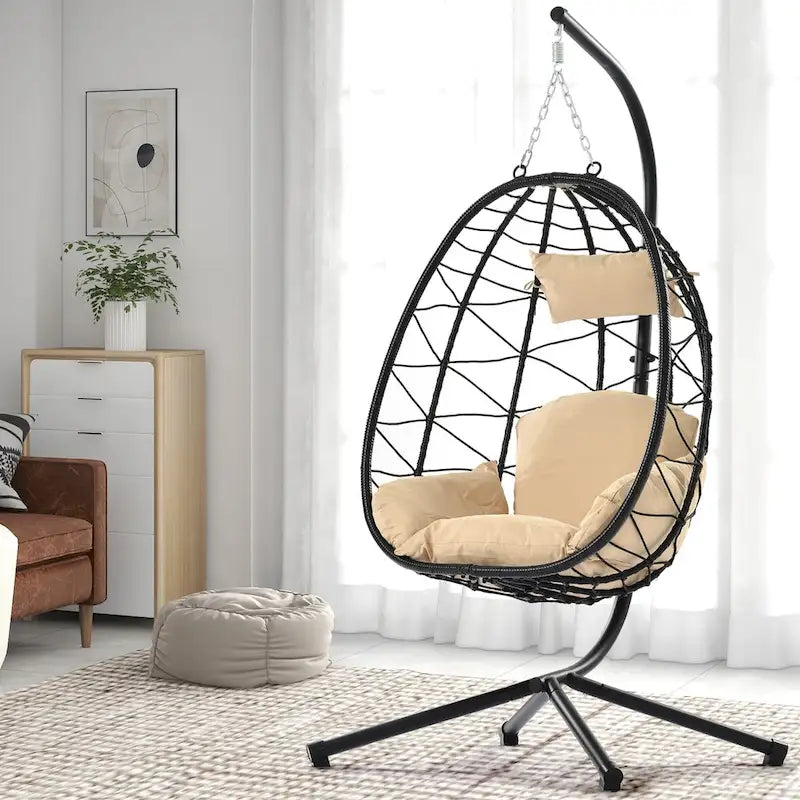 GDFStudio - Celeste Indoor Outdoor Swing Egg Chair with Stand for Relaxing Patio and Garden Lounging