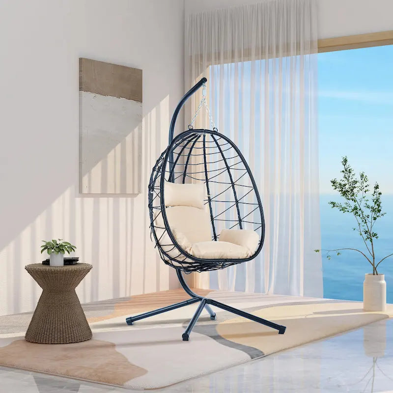 GDFStudio - Celeste Indoor Outdoor Swing Egg Chair with Stand for Relaxing Patio and Garden Lounging