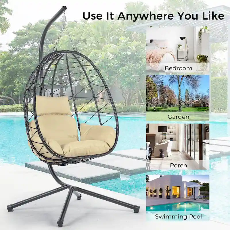 GDFStudio - Celeste Indoor Outdoor Swing Egg Chair with Stand for Relaxing Patio and Garden Lounging