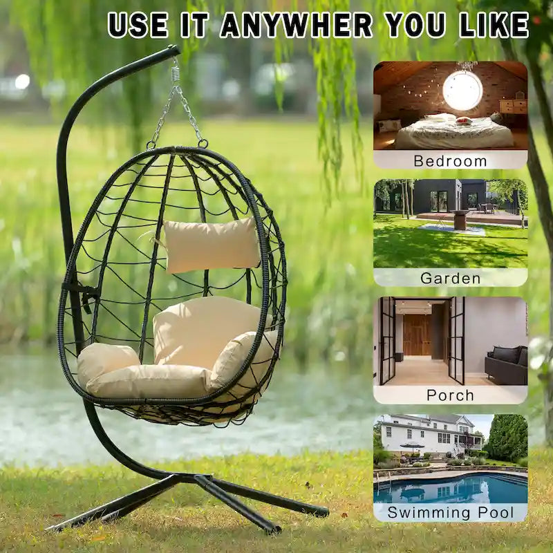 GDFStudio - Celeste Indoor Outdoor Swing Egg Chair with Stand for Relaxing Patio and Garden Lounging