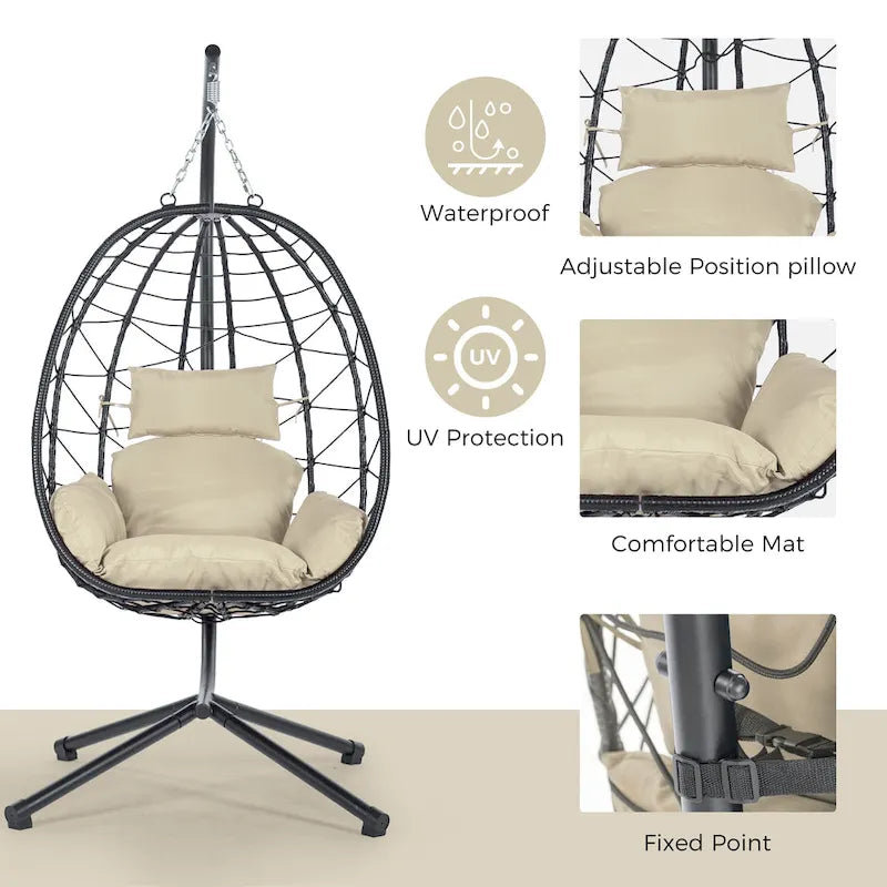 GDFStudio - Celeste Indoor Outdoor Swing Egg Chair with Stand for Relaxing Patio and Garden Lounging