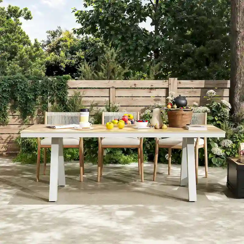 Outdoor Dining Table with Wood Grain Top and Gray Legs Weather-Resistant Patio Table