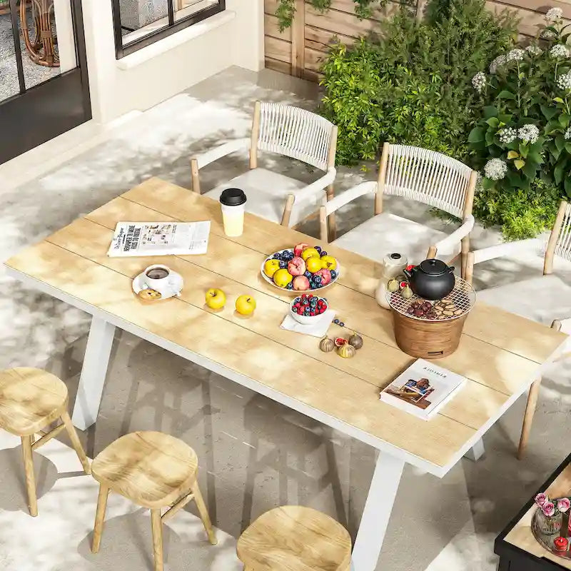 Outdoor Dining Table with Wood Grain Top and Gray Legs Weather-Resistant Patio Table