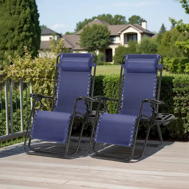 Outdoor Zero Cravity Folding Chair Set of 2 with Pillow & Cup Holder for Pool Beach, Navy Blue