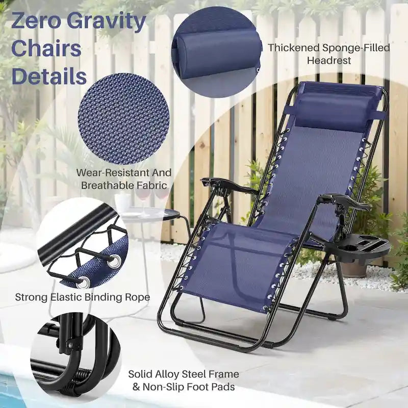 Outdoor Zero Cravity Folding Chair Set of 2 with Pillow & Cup Holder for Pool Beach, Navy Blue