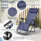Outdoor Zero Cravity Folding Chair Set of 2 with Pillow & Cup Holder for Pool Beach, Navy Blue