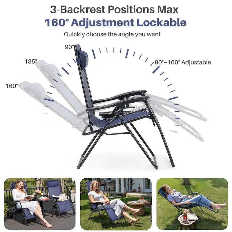 Outdoor Zero Cravity Folding Chair Set of 2 with Pillow & Cup Holder for Pool Beach, Navy Blue