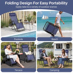 Outdoor Zero Cravity Folding Chair Set of 2 with Pillow & Cup Holder for Pool Beach, Navy Blue