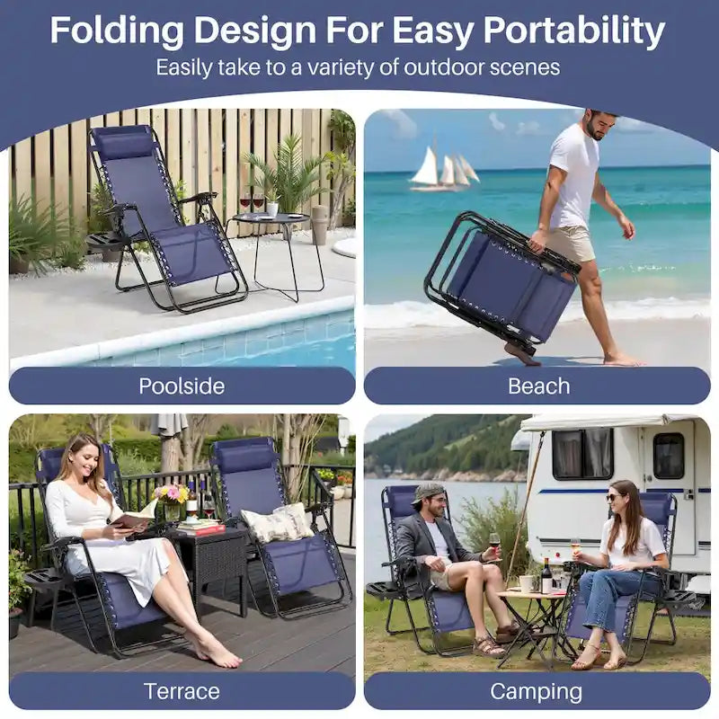Outdoor Zero Cravity Folding Chair Set of 2 with Pillow & Cup Holder for Pool Beach, Navy Blue