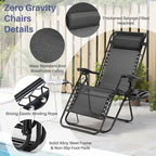 Outdoor Zero Cravity Folding Chair Set of 2 with Pillow & Cup Holder for Pool Beach, Navy Blue