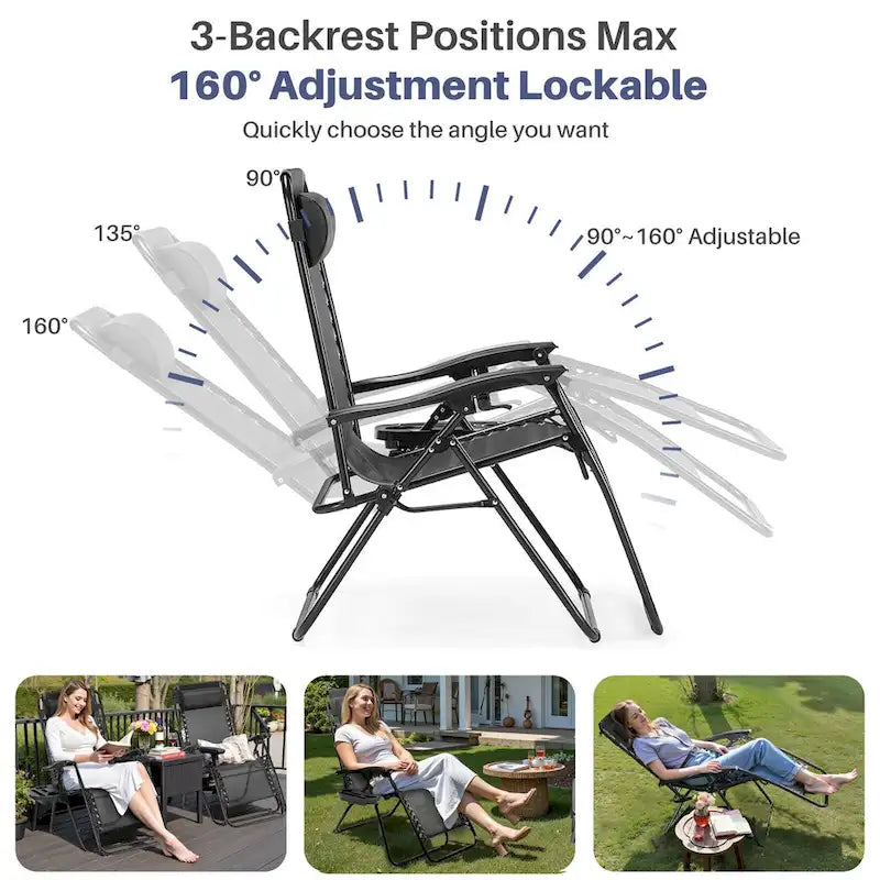 Outdoor Zero Cravity Folding Chair Set of 2 with Pillow & Cup Holder for Pool Beach, Navy Blue