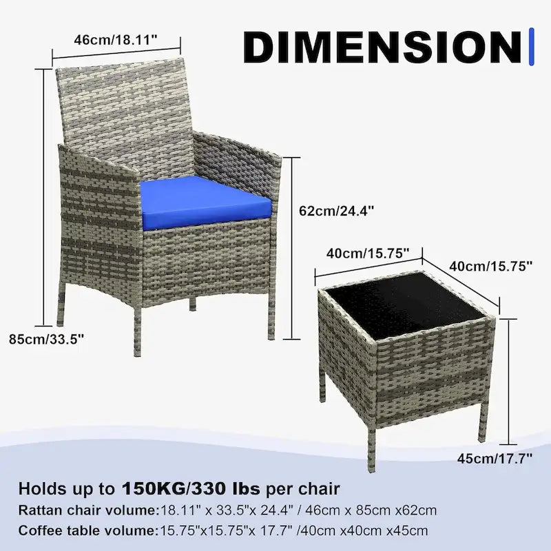 3-Piece Patio Furniture Set with Rattan Wicker Chairs and Coffee Table for Garden