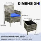 3-Piece Patio Furniture Set with Rattan Wicker Chairs and Coffee Table for Garden
