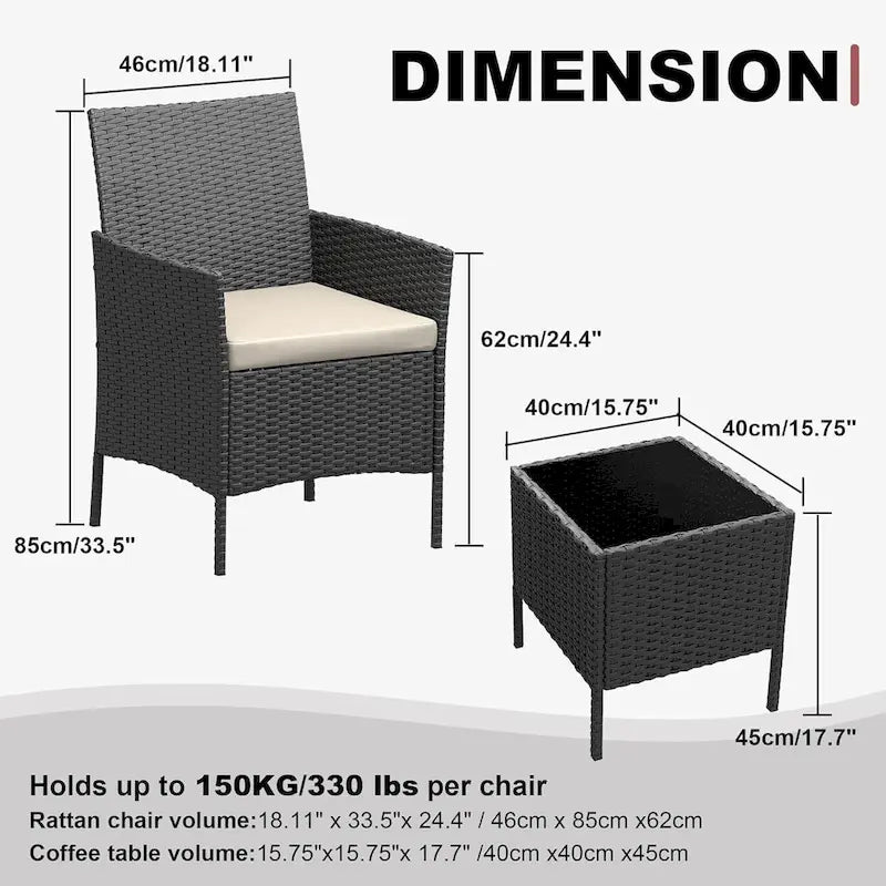 3-Piece Patio Furniture Set with Rattan Wicker Chairs and Coffee Table for Garden