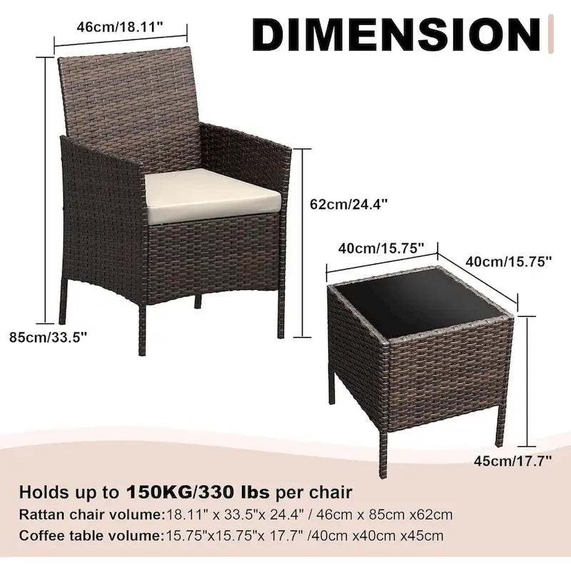 3-Piece Patio Furniture Set with Rattan Wicker Chairs and Coffee Table for Garden