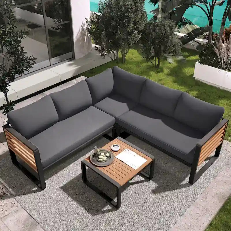 4 Pieces Outdoor Patio Conservation Set, Metal and Wood Frame Sectional L-shaped Sofa with Soft Cushion and a Coffee Tables